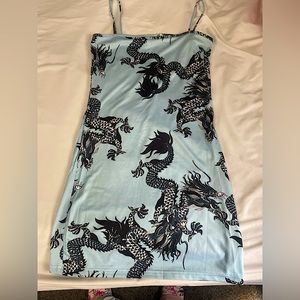 Zaful Blue Mini-Dress W/ Black Dragon Design! In very good condition!